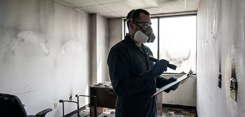 Technician assessing fire damage in a commercial room while wearing protective gear.